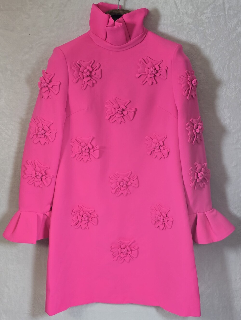 Hot Pink 3D Floral Applique Turtleneck A-line Shift Dress Bell Sleeves Sz.S - Picture 3 of 16